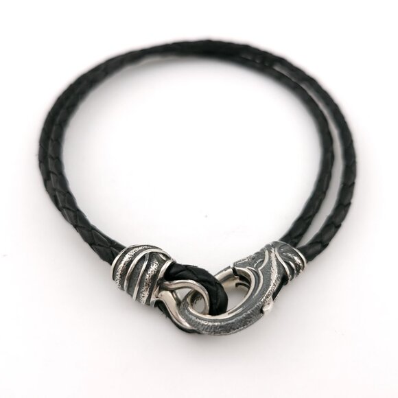 David Yurman Sterling Silver Armory Black Two Row Leather 8.5' Inch Bracelet - Picture 2 of 11